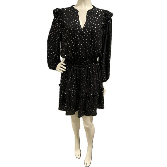 Anthropologie Current Air Black Iridescent Dot Ruffled Mini Dress Size XS - Picture 1 of 16